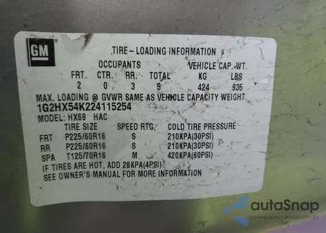 2002 Pontiac Bonneville Se z USA, uszkodzony, nr VIN 1G2HX54K224115254